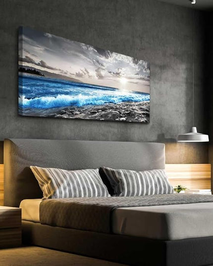 Hyidecorart Framed Canvas Wall Art - Large Size Decor for Office, Living Room, Bedroom - Blue Ocean, Black & White Modern Pictures