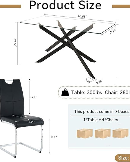 5 Piece Glass Dining Table Set, Glass Kitchen Dining Room Table Set for 4, 61" Modern Rectangular Black Glass Metal Dining Table with 4 Black PU Leather Dining Chairs for Kitchen Dining Room