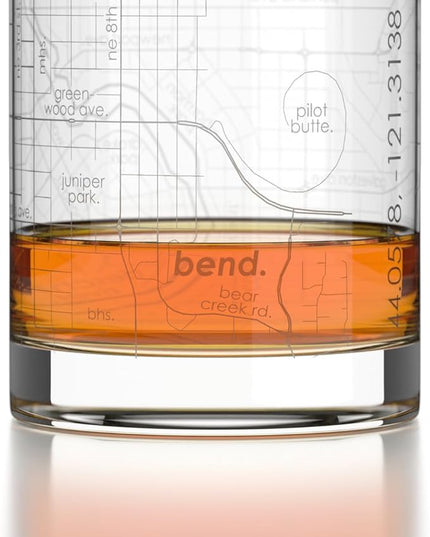 Well Told Engraved Bend Oregon Map Rocks Glass, Old Fashioned Glassware (11 oz, Clear) Etched Bourbon Tumbler, Gifts For Whiskey Lovers