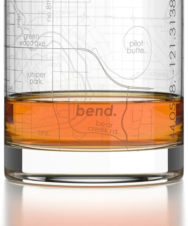Well Told Engraved Bend Oregon Map Rocks Glass, Old Fashioned Glassware (11 oz, Clear) Etched Bourbon Tumbler, Gifts For Whiskey Lovers