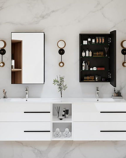 Black Medicine Cabinet Mirror, 17x30 Inch Bathroom Wall Cabinet Mirror with Storage & Adjustable Shelves, Wall Mounted Medicine Cabinets for Bathroom,Tempered Glass