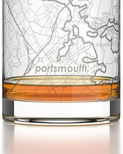 Well Told Engraved Portsmouth New Hampshire Map Rocks Glass, Old Fashioned Glassware (11 oz, Clear) Etched Bourbon Tumbler, Gifts For Whiskey Lovers