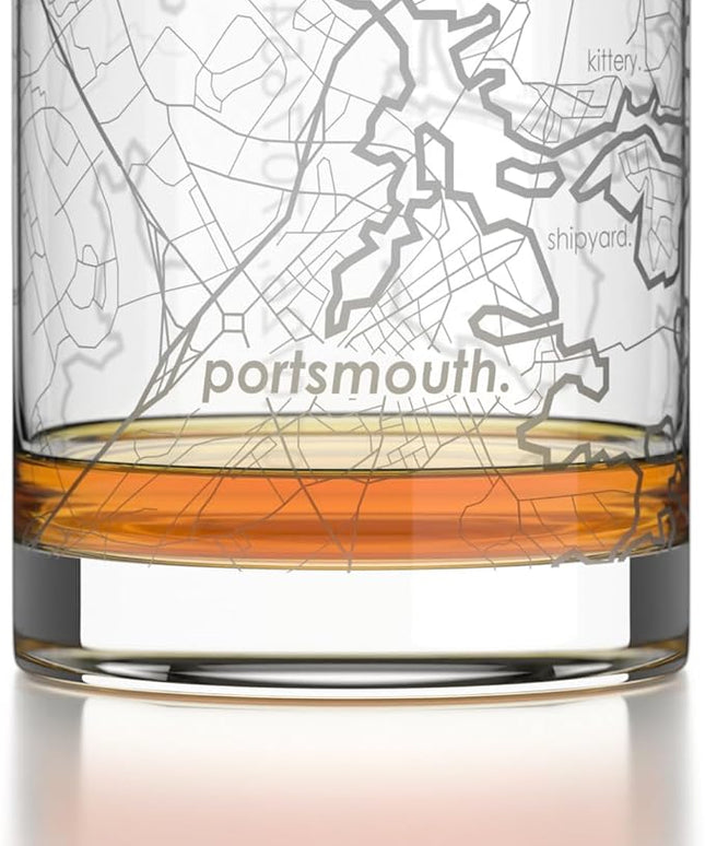 Well Told Engraved Portsmouth New Hampshire Map Rocks Glass, Old Fashioned Glassware (11 oz, Clear) Etched Bourbon Tumbler, Gifts For Whiskey Lovers
