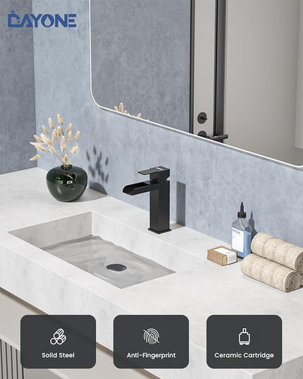 DAYONE Matte Black Single Handle Bathroom Sink Faucet, 1 Hole Bathroom Faucets with Pop Up Drain Stopper, Single Hole Mixer Tap Optional Deckplate Stainless Steel