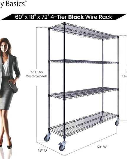 NSF Commercial 4-Tier Wire Shelving with Wheels, 60"x18"x72" Heavy Duty Metal Shelves 3200 lbs Max Capacity, Black Storage Rack for Garage Kitchen Pantry Warehouse