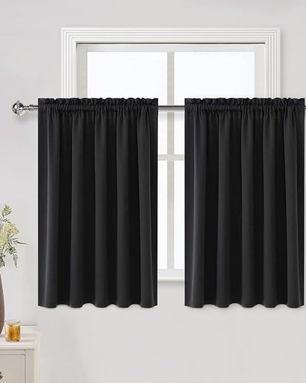 DWCN Short Black Blackout Curtains for Half Window - Room Darkening Thermal Insulated Kitchen and Bedroom Curtains 60x36 inches Long, Set of 2 Window Curtain Panels