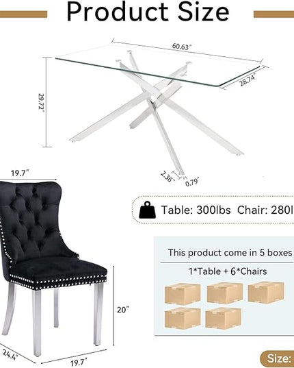 60" Glass Dining Table Set for 6, Modern Dining Room Table Set for 6, Silver X-Shape Pedestal Glass Table with 6pcs Black Dining Chairs, 7 Piece Dining Set for Dining Living Room