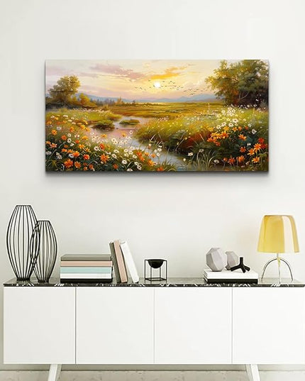 ERQINHUA Wall Art For Living Room Canvas Wall Decor For Bedroom Flower landscape Watercolour Painting Office Decoration Countryside Sunrise Scenery Wall Picture Ready To Hang Home Decor 20"X40"