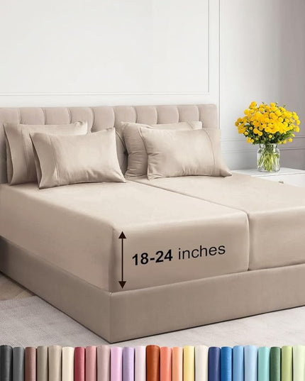 Extra Deep Split King Sheet Set - 7 Piece Breathable & Cooling Sheets - Hotel Luxury Bed Sheets Set - Easy & Secure Fit - Soft, Wrinkle Free & Comfy Sheets Set - Wheat Sheet Set w/Extra Deep Pockets
