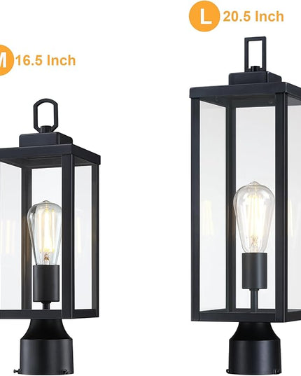 GRUENLICH Outdoor Lamp Post Light Fixtures, Exterior Pole Lantern with Tempered Glass, 20.5 Inch Fence Post Lighting for Garden Yard Pathway, Black, 2 Pack