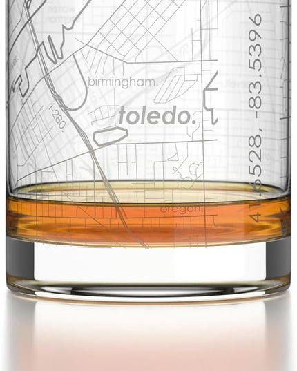 Well Told Engraved Toledo Ohio Map Rocks Glass, Old Fashioned Glassware (11 oz, Clear) Etched Bourbon Tumbler, Gifts For Whiskey Lovers