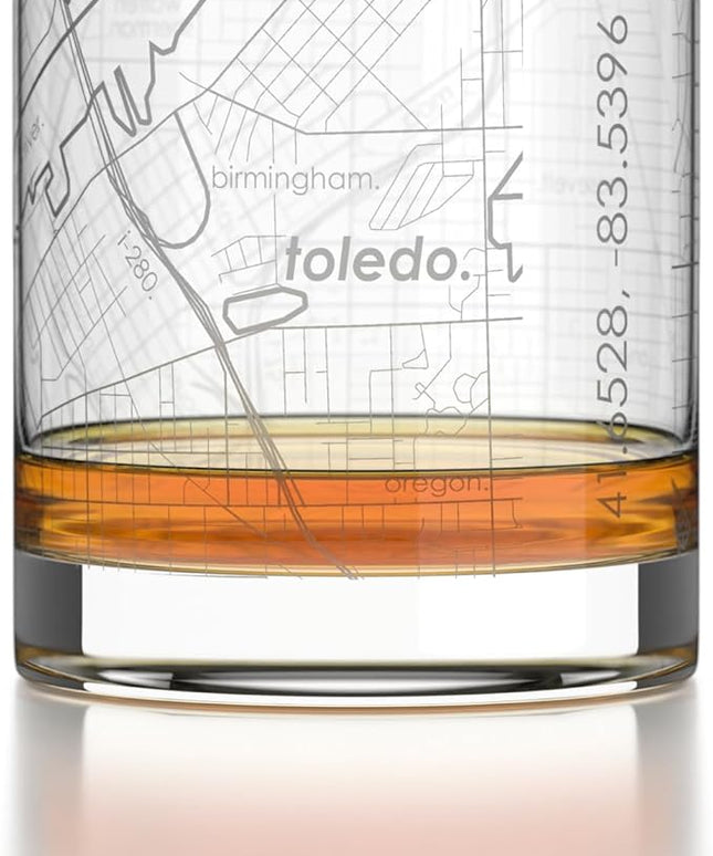 Well Told Engraved Toledo Ohio Map Rocks Glass, Old Fashioned Glassware (11 oz, Clear) Etched Bourbon Tumbler, Gifts For Whiskey Lovers