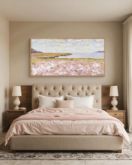 HOURIA Watercolor Pink Floral Coastal Landscape Framed Canvas Wall Art Set,Nature Inspired Wildflower & Meadow Cottage Field Wall Decor,Modern Seaside Beach Artwork for Living Room,Farmhouse-20"x40"x1