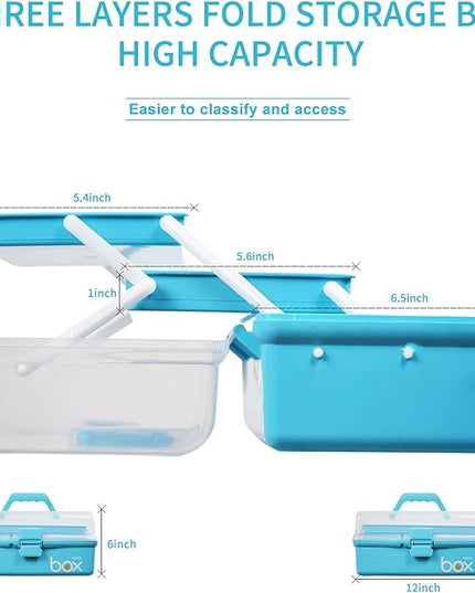 12in 3-Layer Plastic Craft Organizers and Storage, Portable Folding Tackle Box with Handle & Adjustable Dividers, Multipurpose Case for Sewing, Art Supplies, Medicine, Tools (Blue)