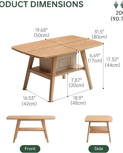 100% Solid Oak Wood Coffee Table for Living Room, Small Table with Shelf Storage, Mid Century Modern Coffee Tables with Rounded Corners for Home (Natural, 31.49" x 19.68" x 17.32")