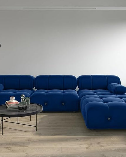 JACH 104" Modular Sectional Couch, L-Shaped Minimalist Velvet Sofas, Convertible Comfy Couch, Sectional Sofa with Reversible Chaise Ottoman for Living Room, Apartment (Blue)