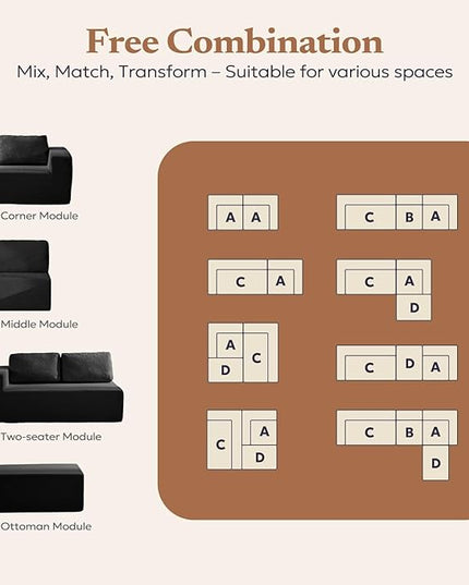 30" Modular Upholstered Foam Couch, Upholstered Floor Sofa Couch with Pillow, Bean Bag Chair for Bedroom Living Room, No Assembly Required (Black, Teddy Boucle)