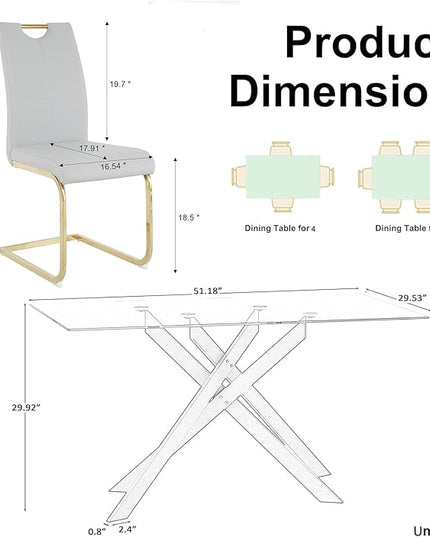 5 Piece Glass Dining Table Set, Gold Glass Kitchen Dining Room Table Set for 4, Modern 51" Rectangular Glass Metal Dining Table with 4 Grey Leather Dining Chairs for Kitchen Dining Room