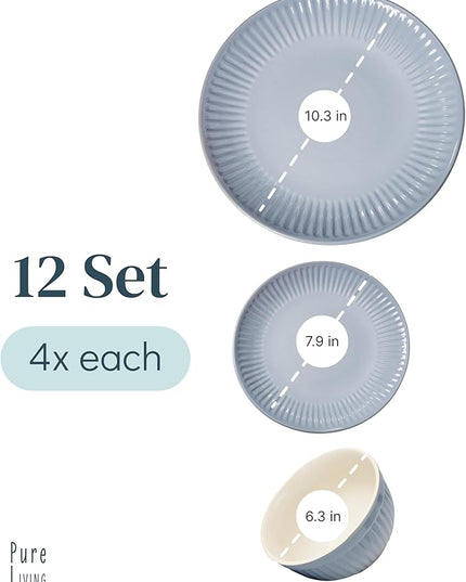 Stoneware Dinnerware Set for 4 People HYGGE 12-Piece - Elegant Scandi Design - Premium Dish Set - Bowl and Plate Set - Tableware for 4 People in a Ribbed Design - Pure Living in Gray-Blue