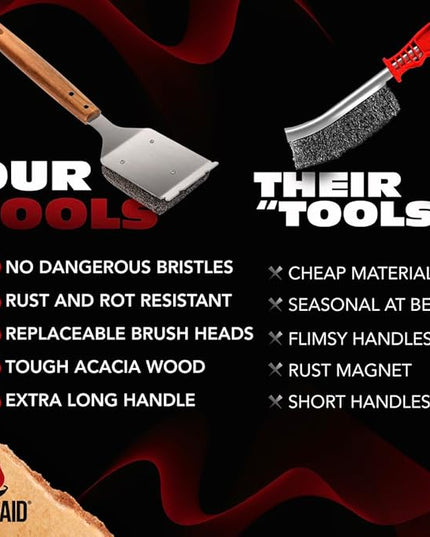 BBQ-AID Bristle Free Grill Brush and Scraper for Barbecue - Extended Large Wooden Handle with Replaceable Head - No Scratch BBQ Cleaning Accessories for Outdoor Grills