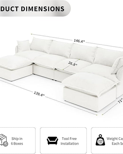 Cloud Sectional Sofa,146.4" Oversize Deep Seat Modular Couch,U Shape Down Fill Sectional Sofa, Detachable Couch Cushion Covers, 6 Seater Corner Sofa with Ottoman for Living Room, Cream White