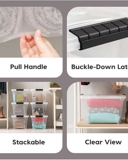 IRIS USA 32 Qt Stackable Plastic Storage Bins with Lids, 4 Pack - BPA-Free, Made in USA - See-Through Organizing Solution, Latches, Durable Nestable Containers, Secure Pull Handle - Clear