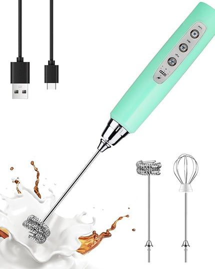 YUSWKO Baby Blue Handheld Milk Frother Wand for Coffee, Rechargeable Electric Whisk with 3 Heads 3 Speeds Drink Mixer Coffee Frother For Latte, Cappuccino, Hot Chocolate, Egg