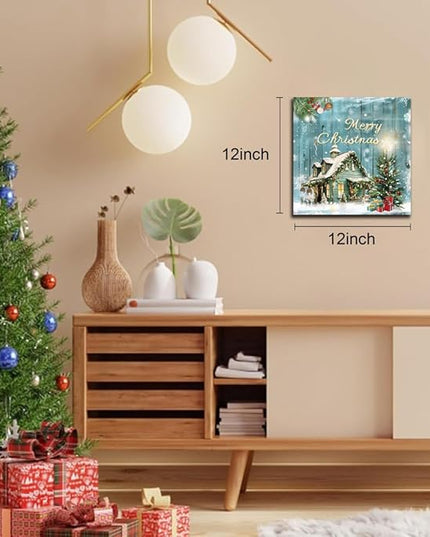 Christmas Tree Wall Art Decor Romantic Winter Snow Home Canvas Prints Poster Xmas Tree Painting Merry Christmas Sign for Home Garden Living Room Bedroom Bathroom Holiday Decoration Gifts 12x12inch