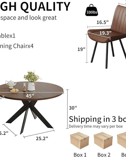 Walnut Round Dining Table Set for 4, Mid-Century Modern Kitchen Table and Chairs, Small Space Dining Room Furniture for Apartment, Breakfast Nook or Studio (Walnut wood-1 Table + 4 Brown Chairs)