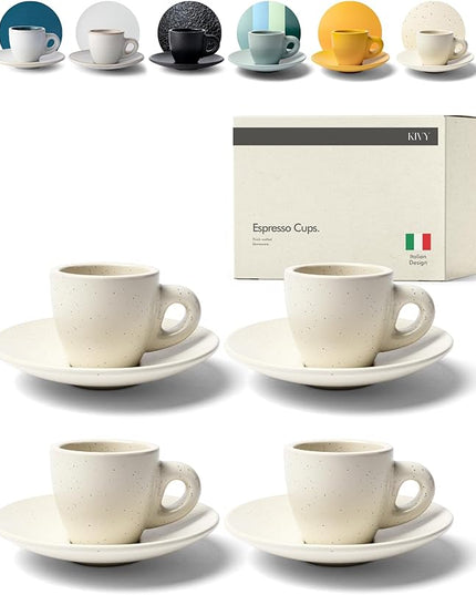KIVY 3 oz Espresso cups set of 4 - Thick walled stoneware espresso cup set - Italian style espresso cups and saucers - Demitasse cups set of 4 - Coffee mugs - Demitasse cups and saucers sets