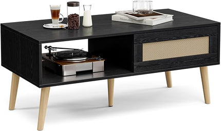 Wood Coffee Table with Storage, Boho Dining Table with Sliding Rattan Door Panel and Solid Wood Legs, Small Coffee Tables for Living Room, Black