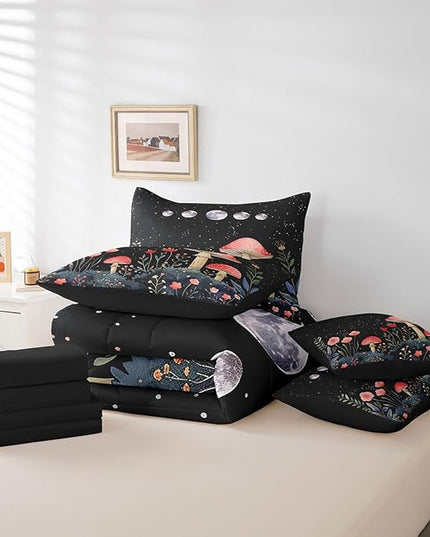 Feelyou Gothic Nature 7 Piece Bedding Set Queen Size Flower Mushroom Comforter Set with Sheets for Teens Boys Girls Bedroom Decor Rustic Garden Bed in a Bag Soft Reversible Bed Set
