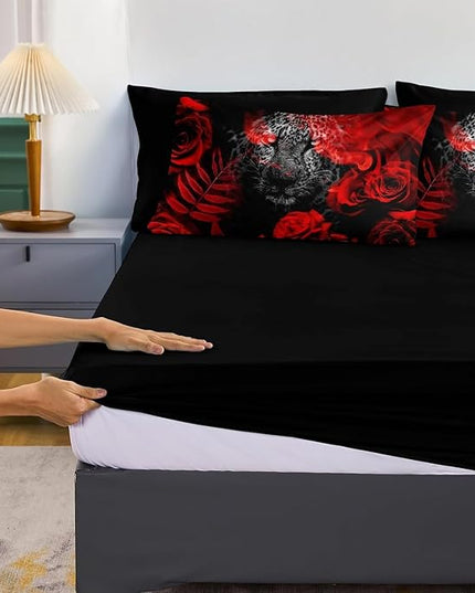 Bedbay Red Rose Leopard Comforter Set California King 8 Pcs Bed in a Bag Cheetah Bedding Teen Women Adults Men Leopard Bedding Wild Animal and Rose Flower California King Bed Set (Black,Cal-King)