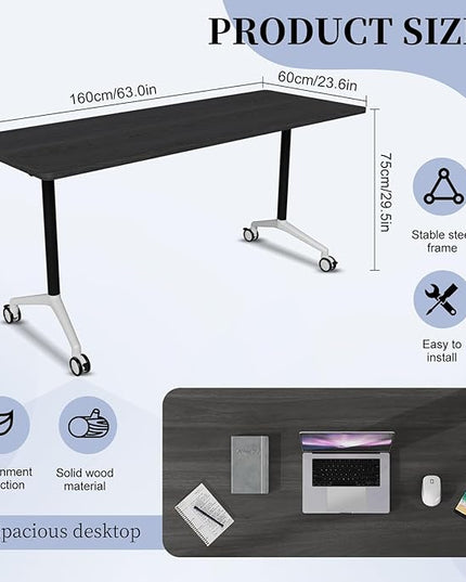 Conference Table, Folding Conference Room Tables on Wheels, Modern Meeting Seminar Table Computer Desk, Boardroom Desk for Office Meeting Conference Room,White,2 Pack 63inch
