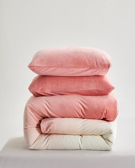 Luxlovery Pink Velvet Comforter Cal King Women Pink White Gradient Fluffy Plush Bedding Set California King Flannel Blush Pink Sherpa Micromink Ink Rainbow Color Winter Quilts Warm Comforter Set