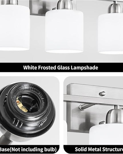 Brushed Nickel Bathroom Light Fixture, 3 Light Vanity Lights for Bathroom, Bath Lights with Milky White Frosted Glass Shades, E26 Socket