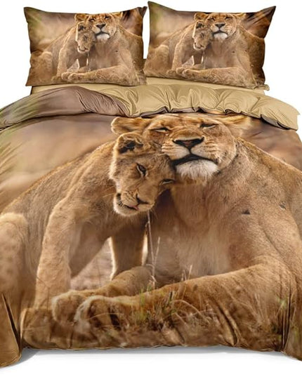 Animal Lions Pattern Duvet Cover Set California King Size Wild Lion Comforter Covers and Pilliw Shams Camel Color Bedding Sets Romantic Jungle Theme Bedroom Deco Gift