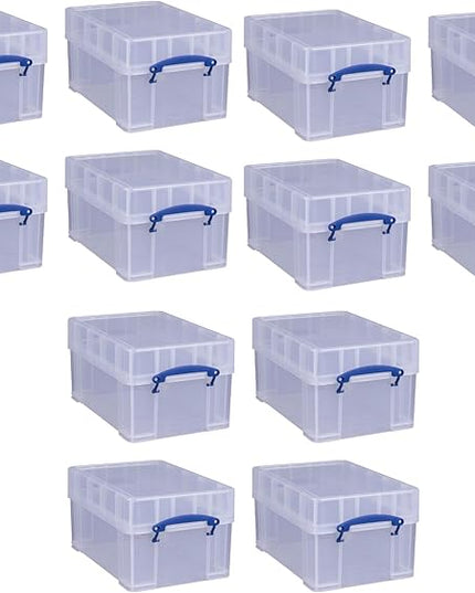 Really Useful Box 9 Liter Stackable Storage Container w/XL Snap Lid & Built-In Clip Lock Handles for Home or Office Organization, Clear (12 Pack)