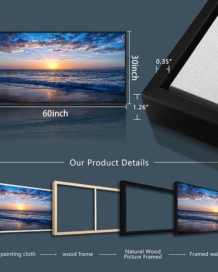Blue Ocean Framed Wall Decor Living Room Large Size Canvas Wall Art For Bedroom Boho Home Decor Sea Beach Canvas Pictures Artwork Sunny Sea View Painting Office Wall Decorations Black Framed 30" X 60"