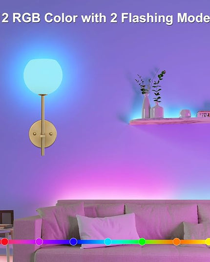 Gold Battery Operated Wall Sconces Set of 2, Rechargeable Wireless Wall Lights with Milky White Frosted Glass Shade, 12 RGB and 3CCT Dimmable, Wall Lamps with Remote for Bedroom Living Room Hallway