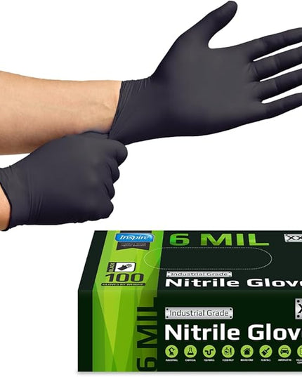 Inspire Black Nitrile Gloves HEAVY DUTY 6 Mil Nitrile Chemical Resistant Medical Cooking Cleaning Disposable Black Gloves