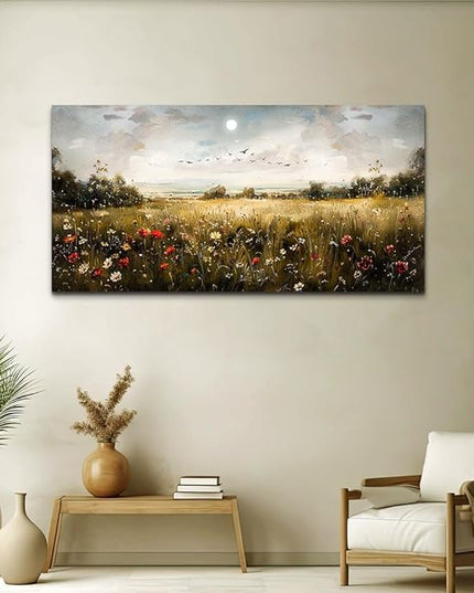 Wapluam Large Wall Art Living Room Wall Decor for Bedroom Wildflower Field Vintage Wall Art Canvas Prints Paintings Farmhouse Artworks Pictures Modern Aesthetic Home Wall Decoration Ready To Hang