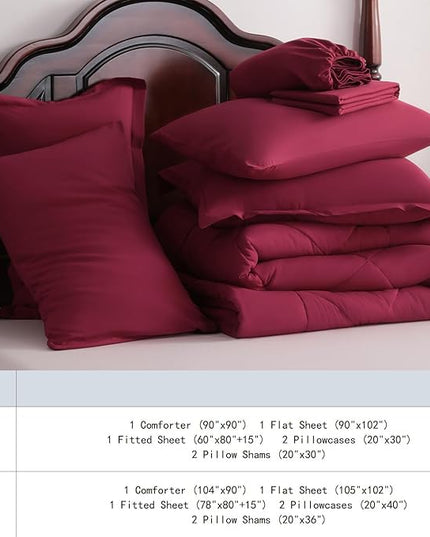 NTBAY Queen Comforter Set with Sheets, 7 Pieces Soft and Breathable Queen Bedding Set, Bed in a Bag, Down Alternative Comforter Set Solid Color All Season, Queen Bedding Set, Wine Red