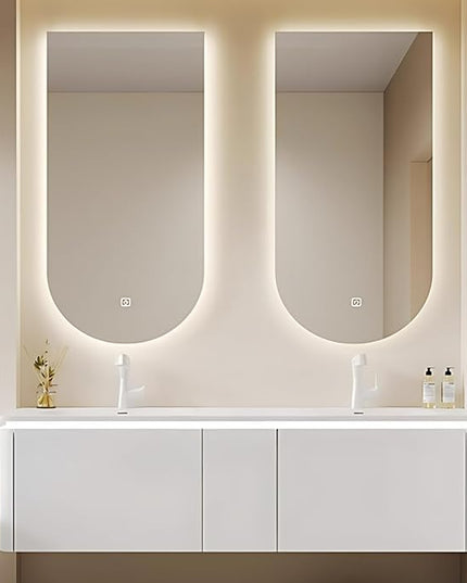 84IN Modern Double Sink Bathroom Vanity, Defogging Mirror Cabinet with LED Light Strip & Time Display Screen | Wall Mounted Bathroom Vanity with Sink Include Smart Sensor Light Strip (Style A)