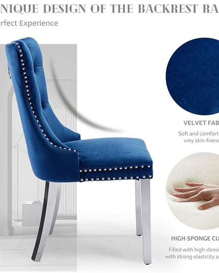 SoarFlash Velvet Dining Chair Set of 2, Upholstered Tufted Dining Room Chair with Nailhead Trim, Solid Silver Plated Leg for Kitchen(Blue)