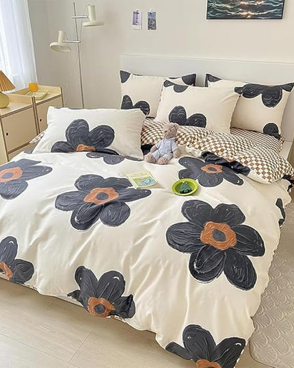 CLOTHKNOW Sunflower California King Comforter Set 3Pcs Black Floral Bedding Comforter Sets Brown Grid Comforter Boho Comforter Sets Cal King