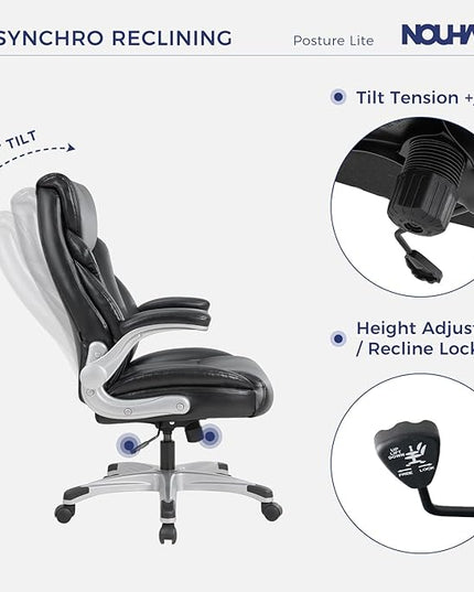 Nouhaus Big and Tall Desk Office Chair with Lumbar Support, High Back PU Leather Ergonomic Office Chair, Executive Desk Chair Computer Chairs with Adjustable Flip-up Armrests (Posture Lite,Black)
