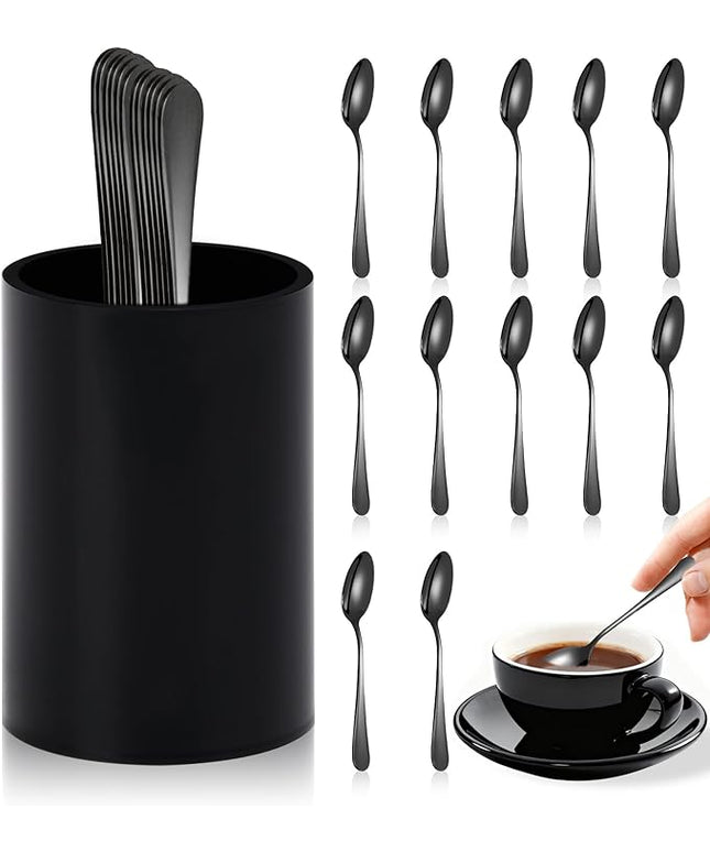 12 PCS Black Coffee Spoons with Holder 4.92 Inch Mini Coffee Spoons Small Espresso Coffee SpoonsBlack Dessert Spoons Stainless Steel Tea Spoons Set of 12 for Tea Party Coffee Bar