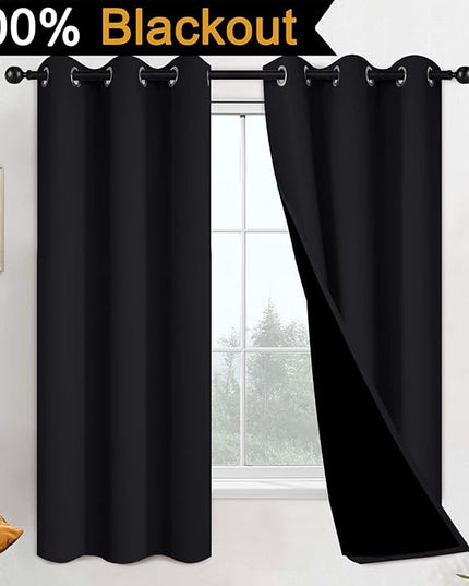 Yakamok 100% Blackout Lined Pair Curtains for Bedroom, Window Treatment Thermal Insulated Noise Blocking Drapes for Living Room(42Wx63L,Black, 2 Panels)