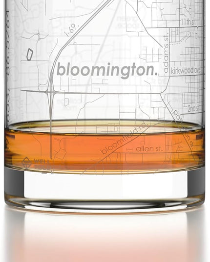 Well Told Engraved Bloomington Indiana Map Rocks Glass, Old Fashioned Glassware (11 oz, Clear) Etched Bourbon Tumbler, Gifts For Whiskey Lovers